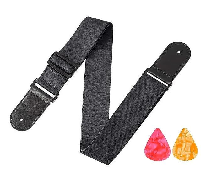 SLS Music Adjustable Guitar Strap  Soft Black Belt with PU Leather Ends and 2 Picks for Electric, Acoustic & Bass Guitars