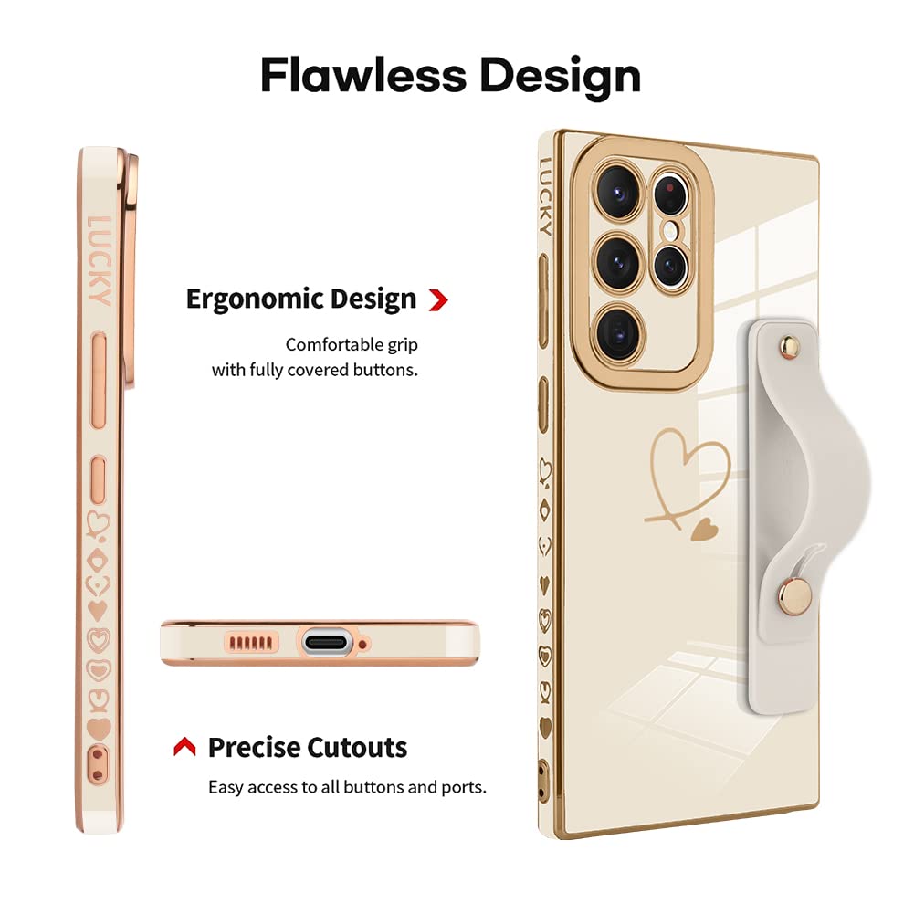 Ziye Galaxy S22 Ultra 5G Luxury Electroplated Case With Strap Love Heart Plating Gold Bumper Cover For Women Girls Anti Scratch