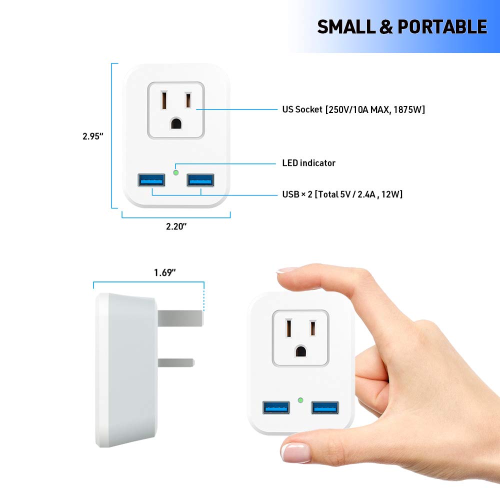 Type G Uk Power Plug Adapter, Travel Adapter For Us To British England, London, Ireland, Scotland, Ac Outlets With 2 Usb Chargin