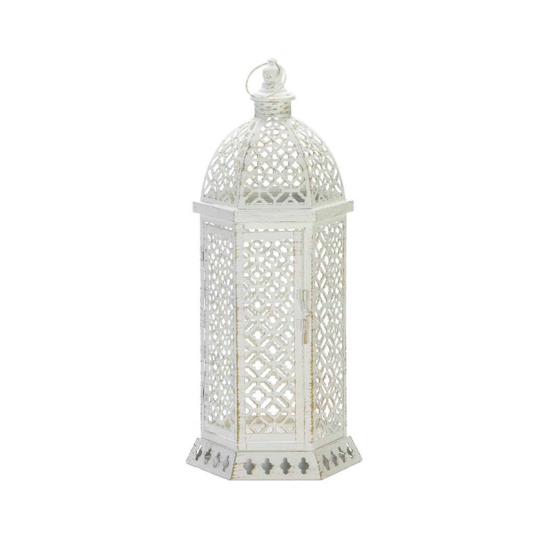 Zingz & Thingz Vintage Cutwork Hexagon Lantern, Decorative Light Home Decor, Large, 20 Tall, White