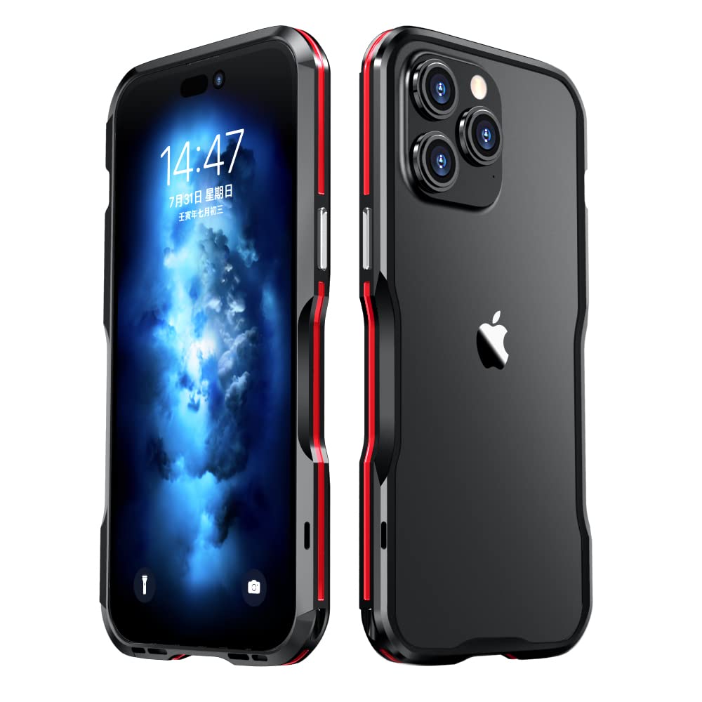 Henghui Iphone 14 Pro Max Aluminum Bumpers Bumper Case Metal Frame Bumper Cover Shock Absorbent Slim Cool Design (Black+Red)