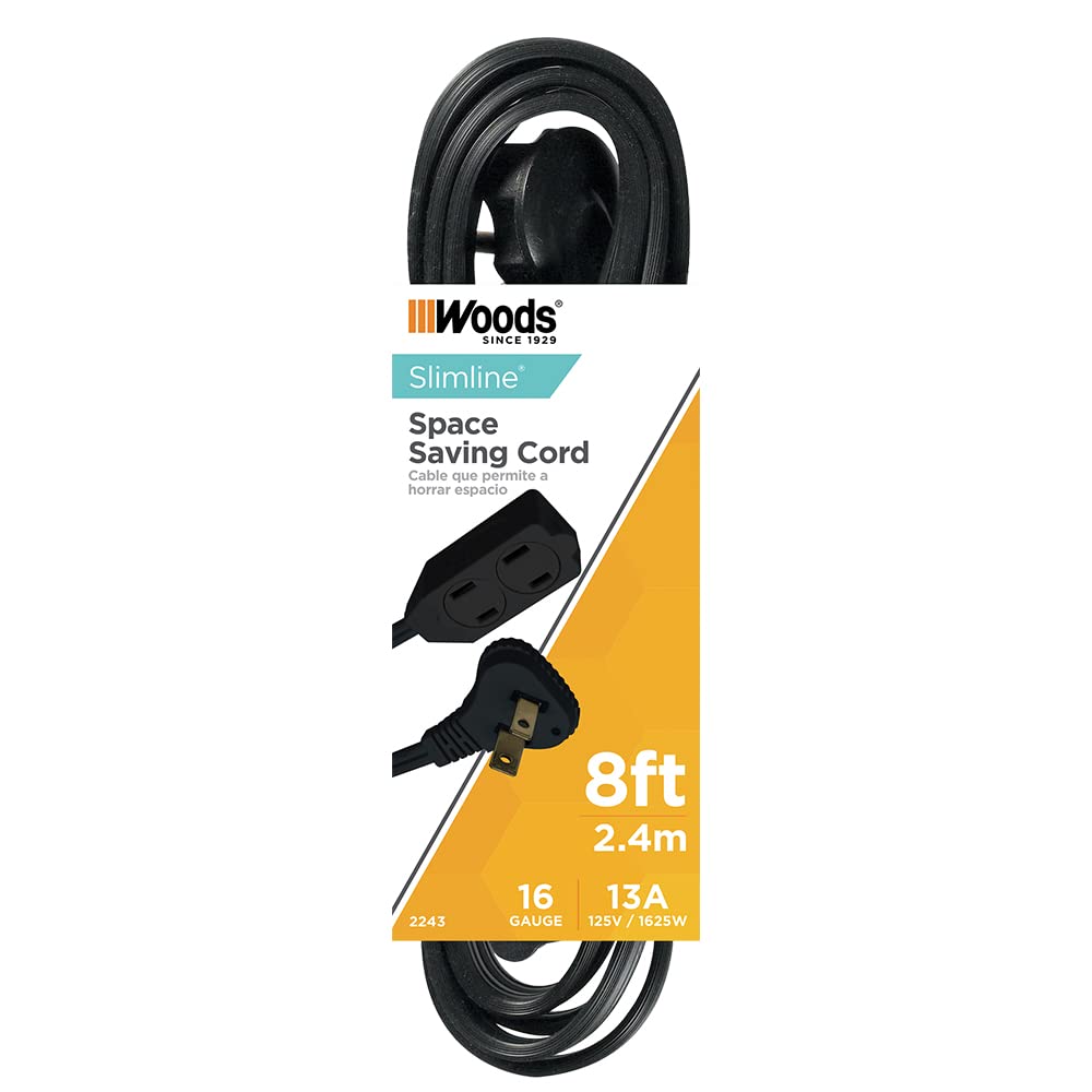 Woods 2243 16/3 Flat Indoor Extension Cord, 8 Foot, 3 Grounded Outlets, Right Angled Plug, Space Saving Design, Ul Listed, Black