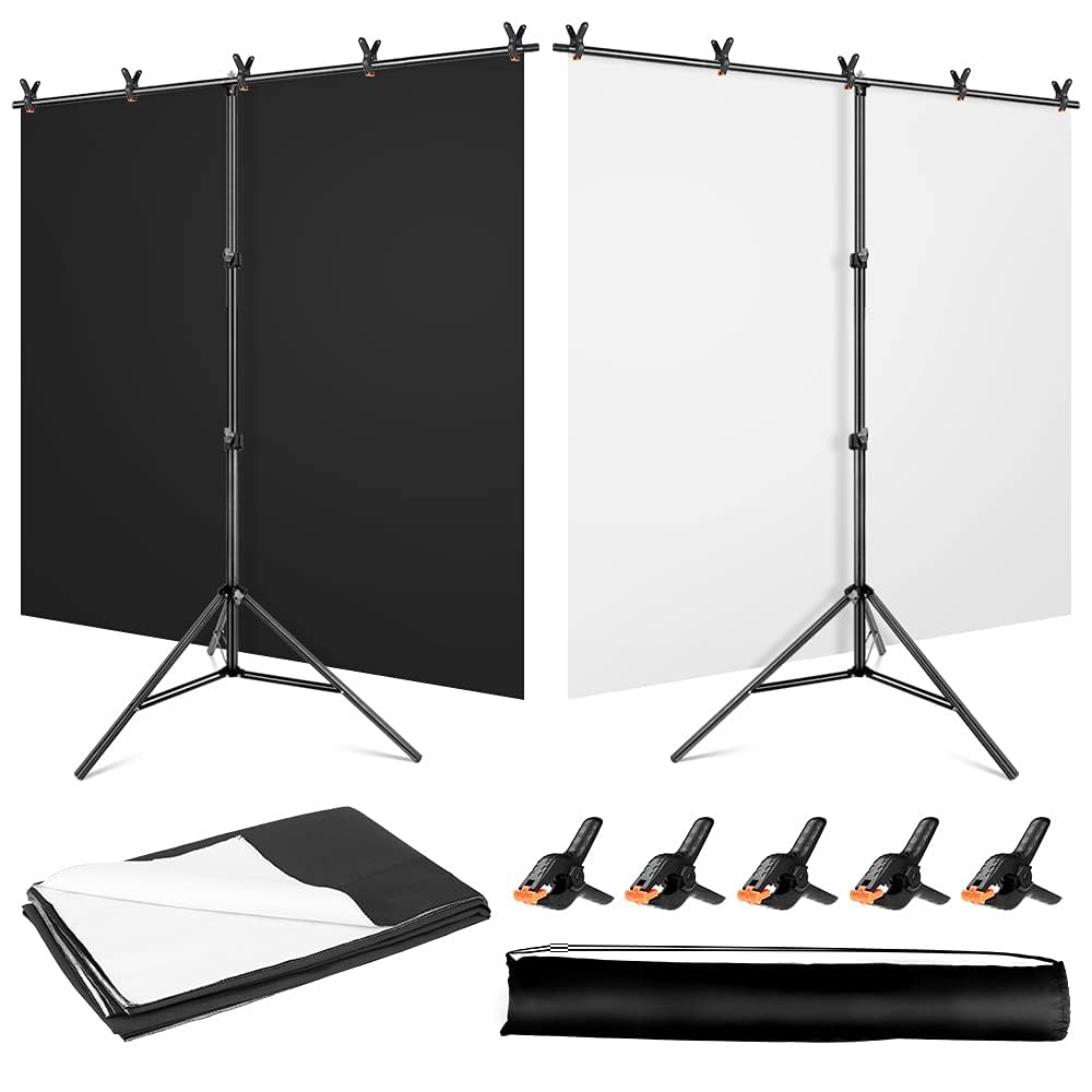Black White Backdrop Screen With Stand Kit 5X6.5Ft For Photo Video Studio, 2 In 1 Revisible Black Backdrop White Screen With T S