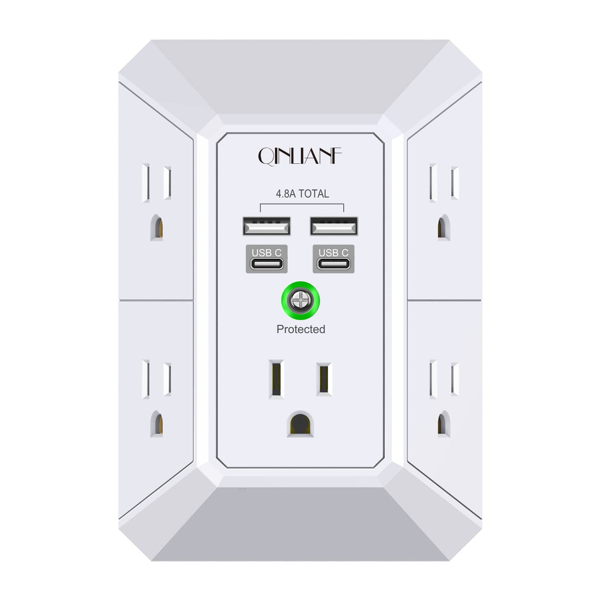 Usb Wall Charger, Surge Protector, Qinlianf 5 Outlet Extender With 4 Usb Charging Ports (4.8A Total) 3 Sided 1680J Power Strip M