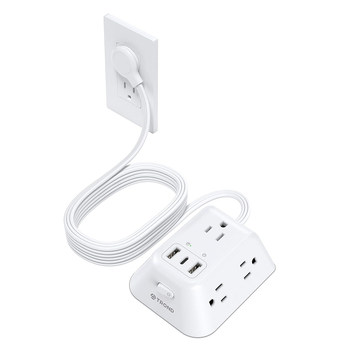 Trond 15Ft Long Extension Cord - Ultra Thin Flat Plug Power Strip With 5 Widely-Spaced Ac Outlets, 2 Usb A And 1 Usb C, 1440J Su