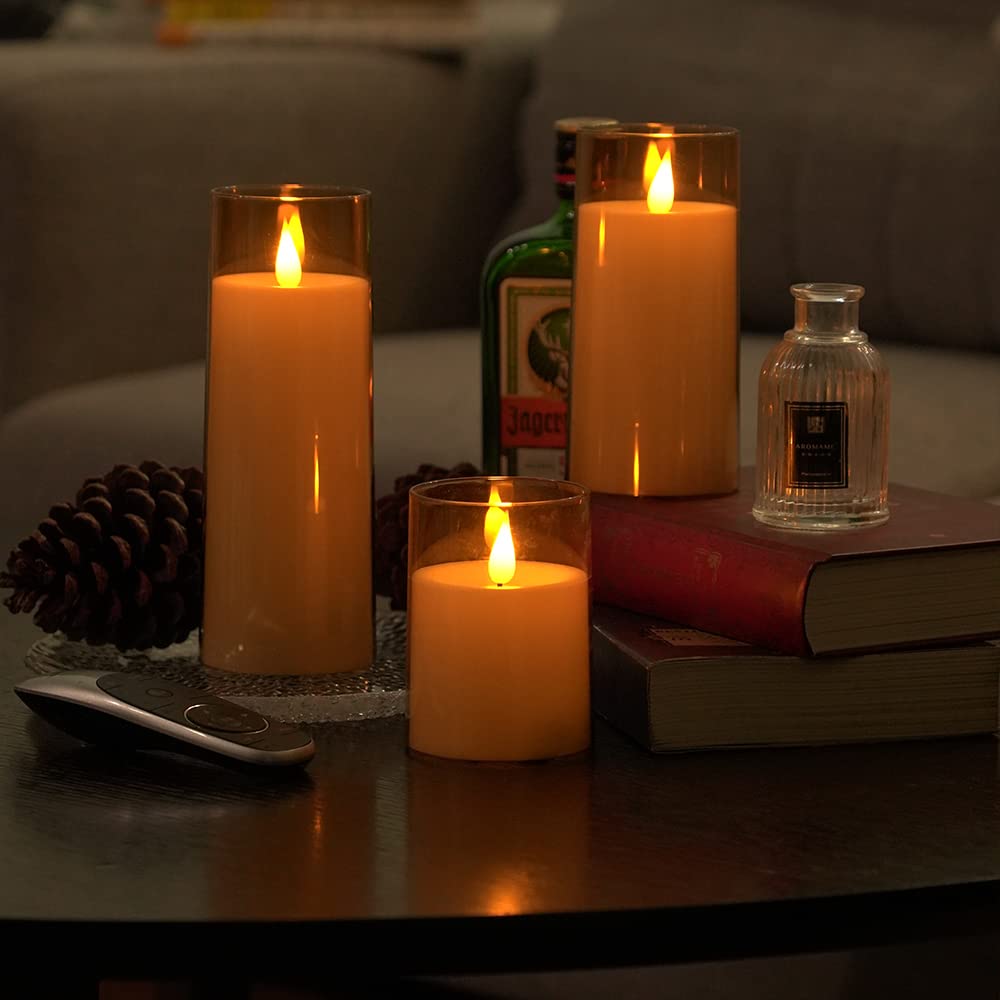 Fo32Won Amber Led Flameless Pillar Candles Battery Operated With Remote And Timer, Set Of 5 (D 3''?H 4'' 5'' 6'' 8'' 8'') Plexig