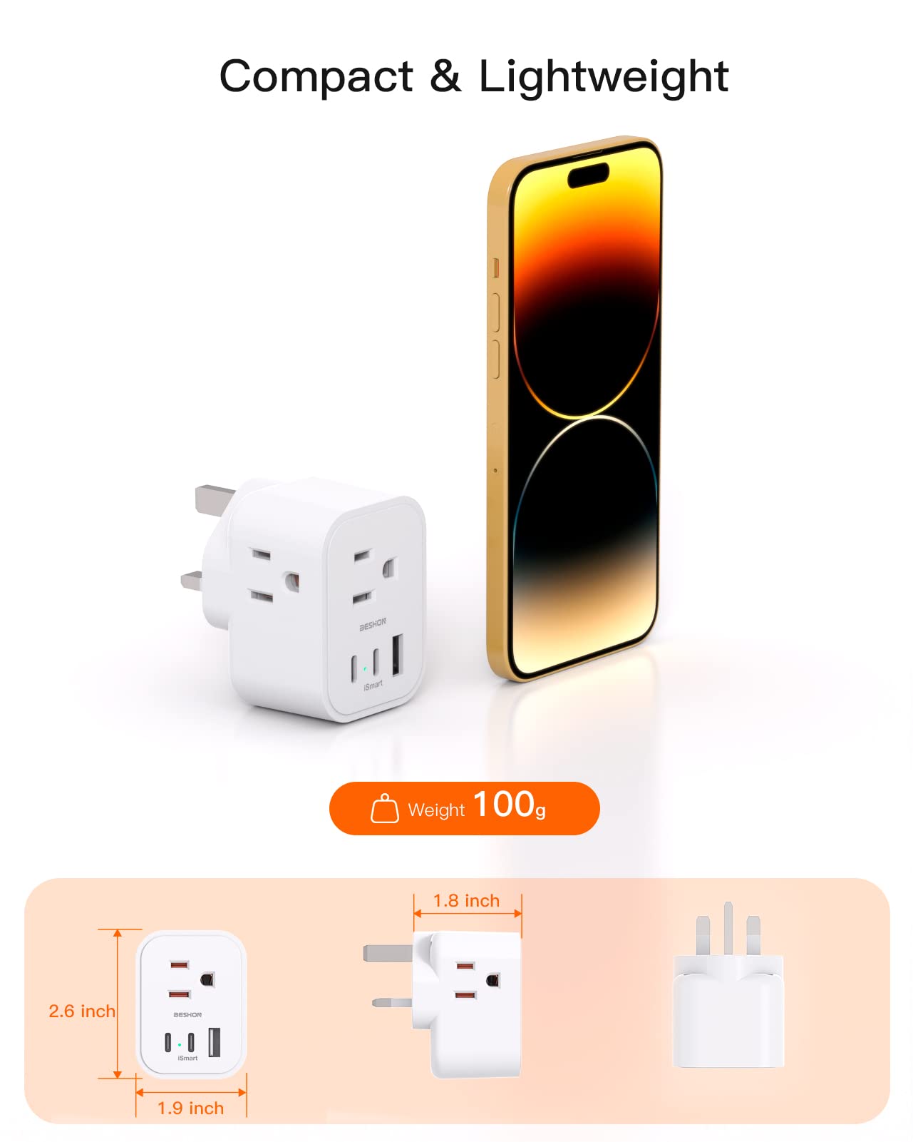 [2 Pack] Us To Uk Travel Plug Adapter, Type G Power Adapter With 3 Ac And 3 Usb(2 Usb C), International Plug Adapter, Travel Ess