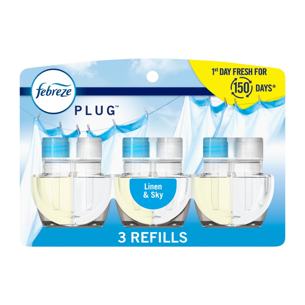 Febreze Odor Fighting Fade Defy Plug Air Freshener Refill, Linen & Sky, (3) .87 Fl. Oz. Oil Refills