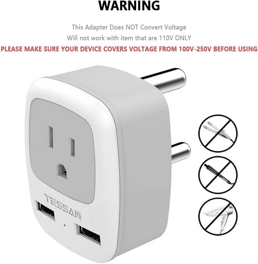 Tessan South Africa Power Adapter, Type M Travel Plug Adaptor With 2 Usb & 1 American Grounded Outlet For Usa To Bhutan, Botswan