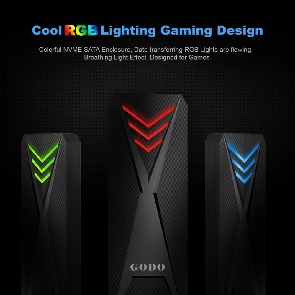 Godo Rgb M.2 Pcie Nvme/Sata Ssd External Enclosure,Portable Usb C To M.2 Nvme Sata Adapter Tool Free,10Gbps 3.1/3.2 Gen 2, Suppo