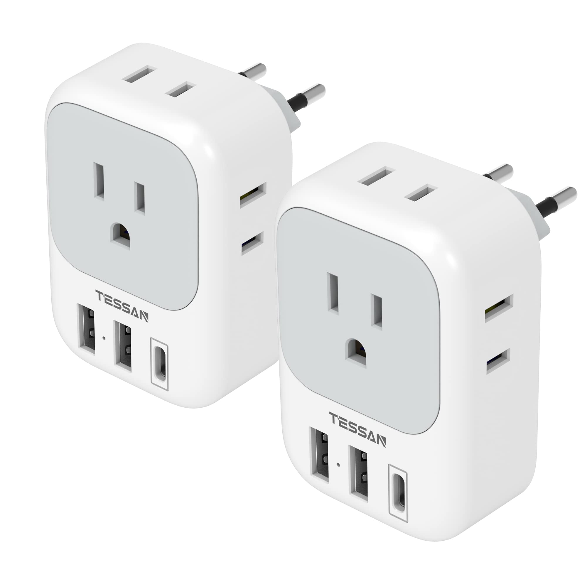 2 Pack European Plug Adapter Usb C, Tessan Us To Europe Plug Adapter With 4 Outlets 3 Usb Charger, Type C Power Adaptor To Italy