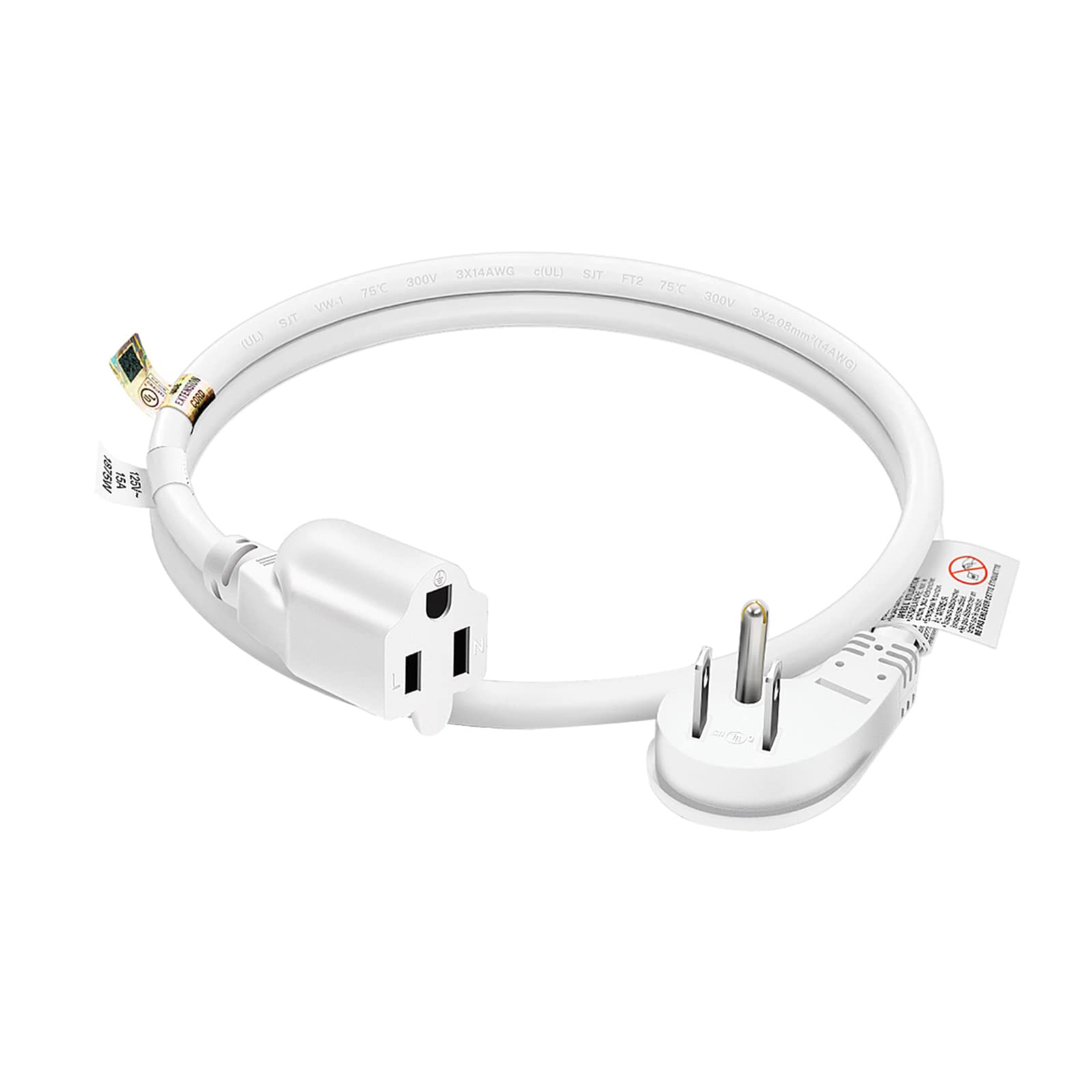 FIRMERST 1875W Low Profile Flat Plug 2Ft Extension Cord 14AWG 15A White UL Listed