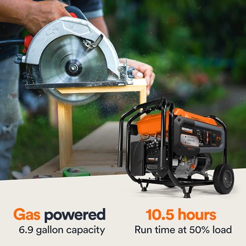 Generac 7680 Gp6500 6,500 Watt Gas Powered Portable Generator   Cosense Technology   Powerrush Advanced Technology   Reliable Po