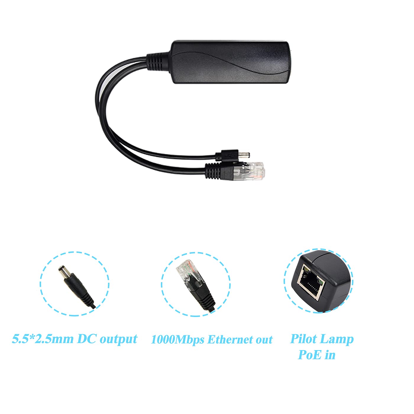 Revodata Gigabit Poe Splitter 12V/2A Dc5.5 * 2.5Mm Connector, 48V Poe To Dc 12V/2A Output, Compatible Dc 5.5 * 2.1 Mm, Ieee802.3