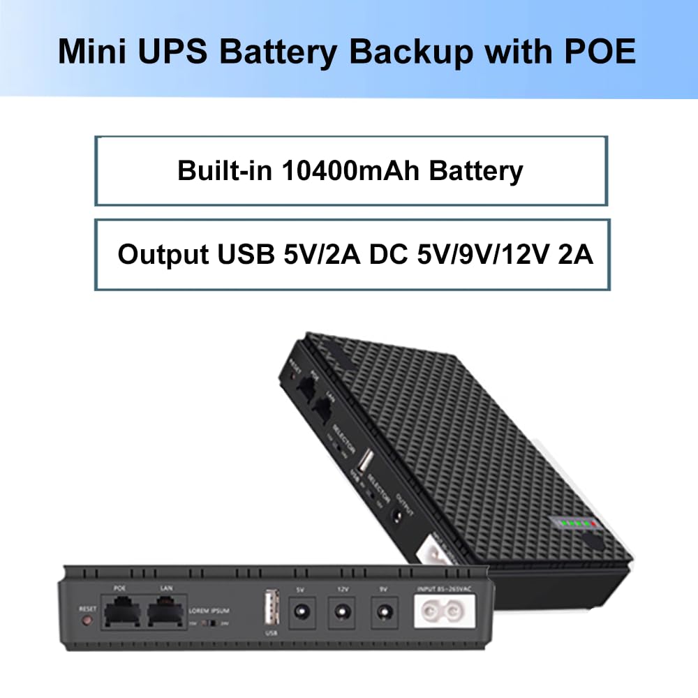 Mini Ups Battery Backup For Routers,Built In 10400Mah Rechargeable Surge Protector With Poe,Output Usb 5V/2A Dc 5V/9V/12V 2A For