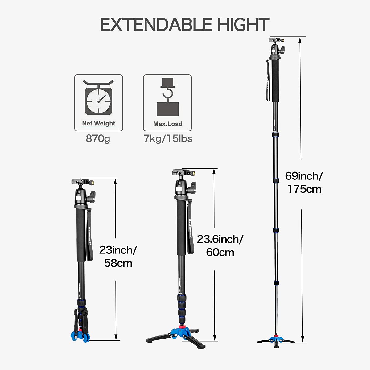 Koolehaoda Camera Aluminum Monopod With Three Feet Stand Support Base & K 09 Ballhead For Dslr Camera Canon Nikon. Extended Max