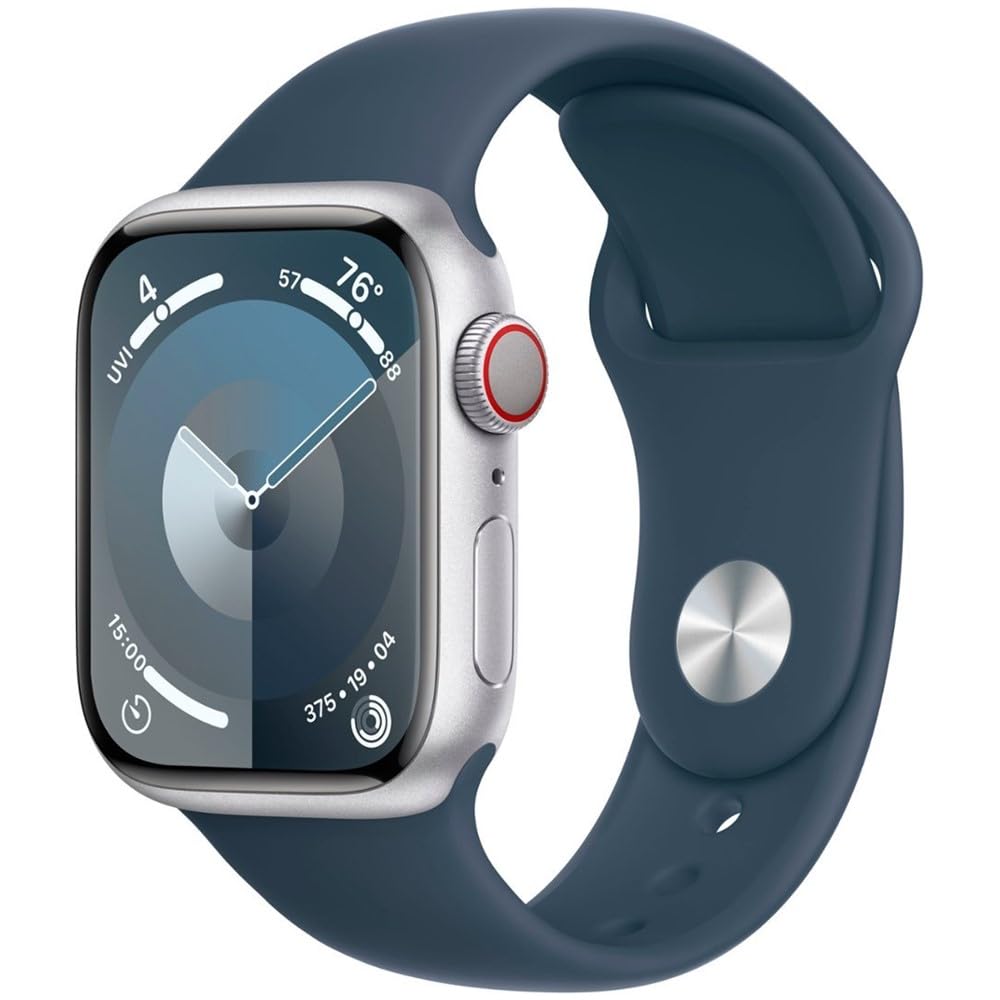 Apple Watch Series 9 [GPS + Cellular, 45mm]   Aluminum Silver Case with Storm Blue Sport Band, M/L