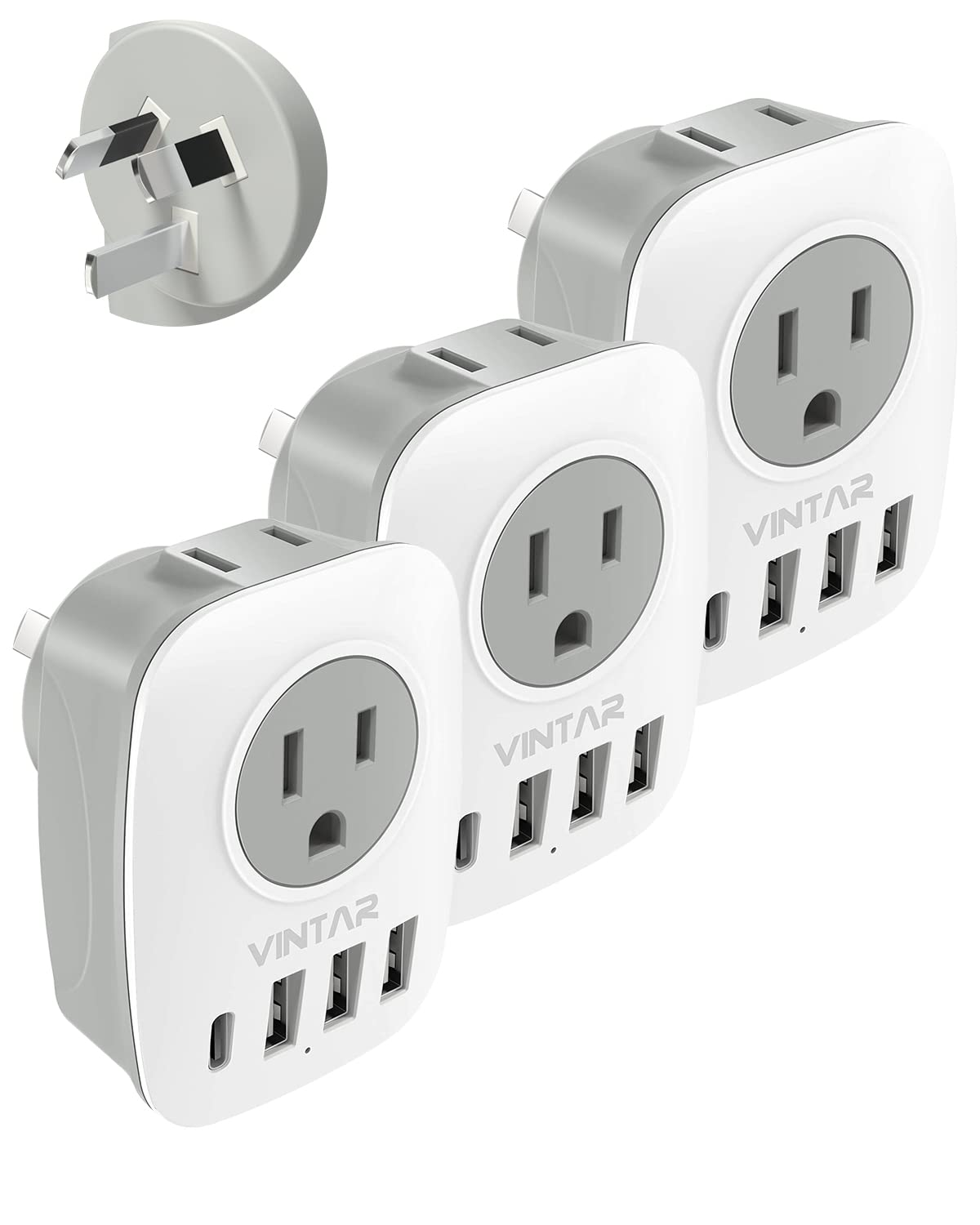[3 Pack] Australia New Zealand Power Plug Adapter, Vintar Australia Travel Adapter With 1 Usb C,3 Usb Ports And 2 American Outle