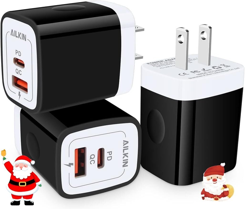 3Pack USB Type C Charger, Dual Port USB-C Wall Plug 20W PD & QC3.0 USB A Fast Charging Block for Samsung Galaxy S25/S24/S23 S22/