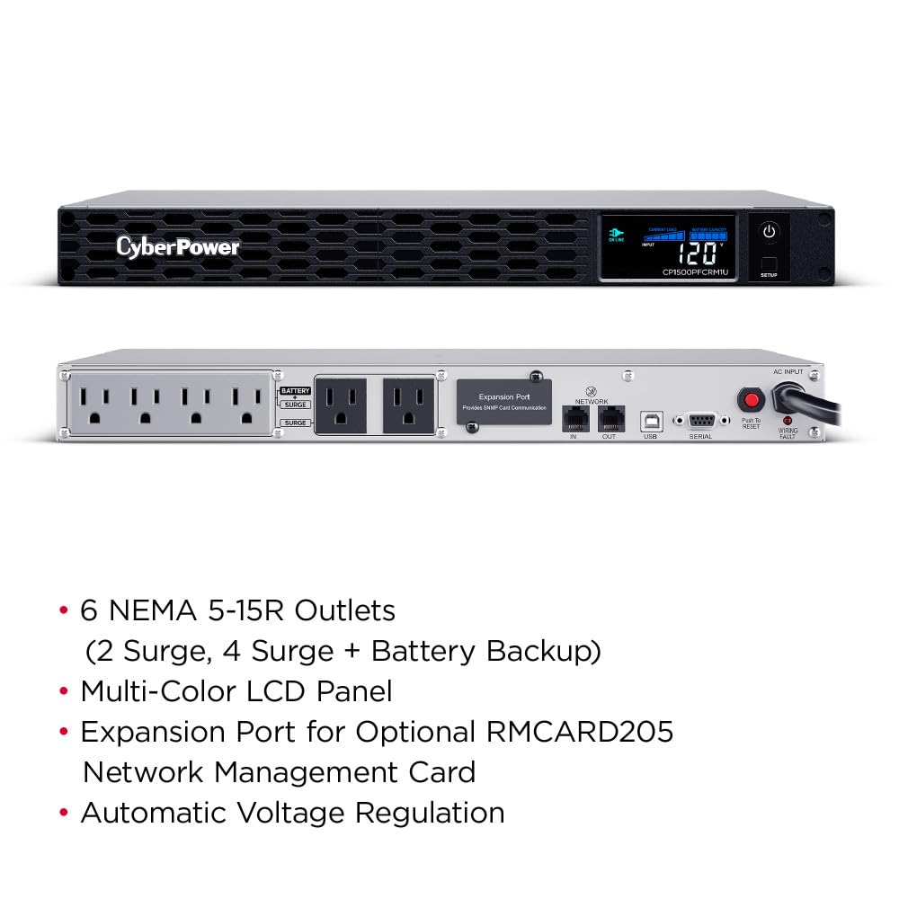 Cyberpower Cp1500Pfcrm1U Pfc Sinewave Ups, 1500Va/900W, 6 Outlets, Avr, 1U Rackmount