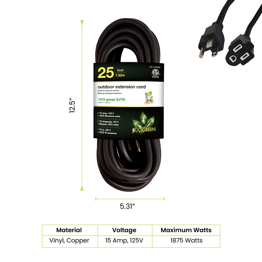 Go Green Power Inc. (Gg 14025Bk) 12/3 Sjtw Outdoor Extension Cord, Black, 25 Ft
