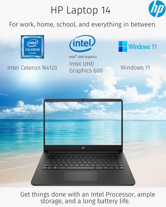 Hp 2024 Newest 14'' Laptop Notebook Thin Light For Students Business, Quad Core Intel N4120, 8Gb Ram, 256Gb (128Gb Emmc+ 128Gb C