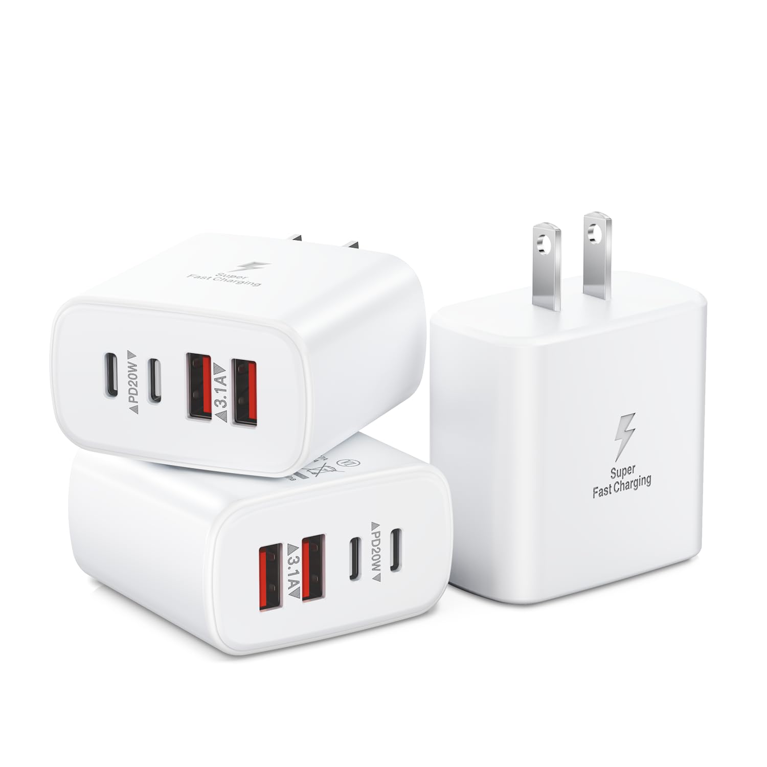 3 Pack Usb C Charger Block, 40W 4 Port Usb C Fast Charging Block Dual Port Usbc Power Adapter Multiport Wall Plug Multiple Type