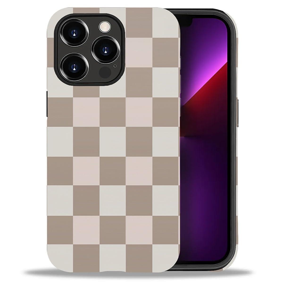 WANKBLC Compatible with iPhone 13 Pro Max Matte Case, Brown Pink Check Plaid Pattern for Girl Full Body Design Soft Silicone Dro