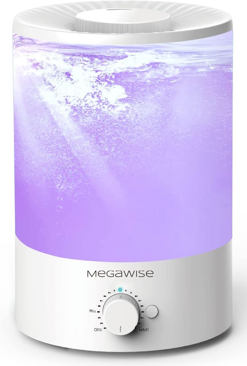 Megawise Healthy Top Refill Cool Mist Humidifiers For Bedroom, 24Db Ultrasonic Air Vaporizer With Water Filters For Baby [Pp Material], Colorful Night Light,1 Gal Essential Oil Diffuser, Auto Off (With 1 Filter)