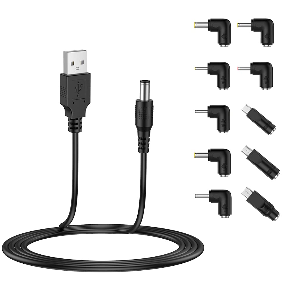 LIANSUM USB to DC 5V Power Cord, Universal DC 5.5x2.1mm Plug Jack Charging Cable with 10 Connector Tips(5.5x2.5, 4.8x1.7, 4.0x1.