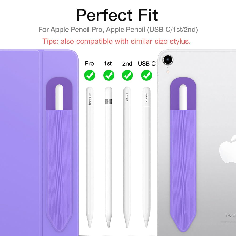 MoKo Pencil Holder Sticker Fit Apple Pencil Pro, Apple Pencil (USB C), Apple Pencil 1st/2nd Generation, Elastic Pencil Pocket Pouch Adhesive Sleeve Attached to iPad Case for Stylus Pens, Purple