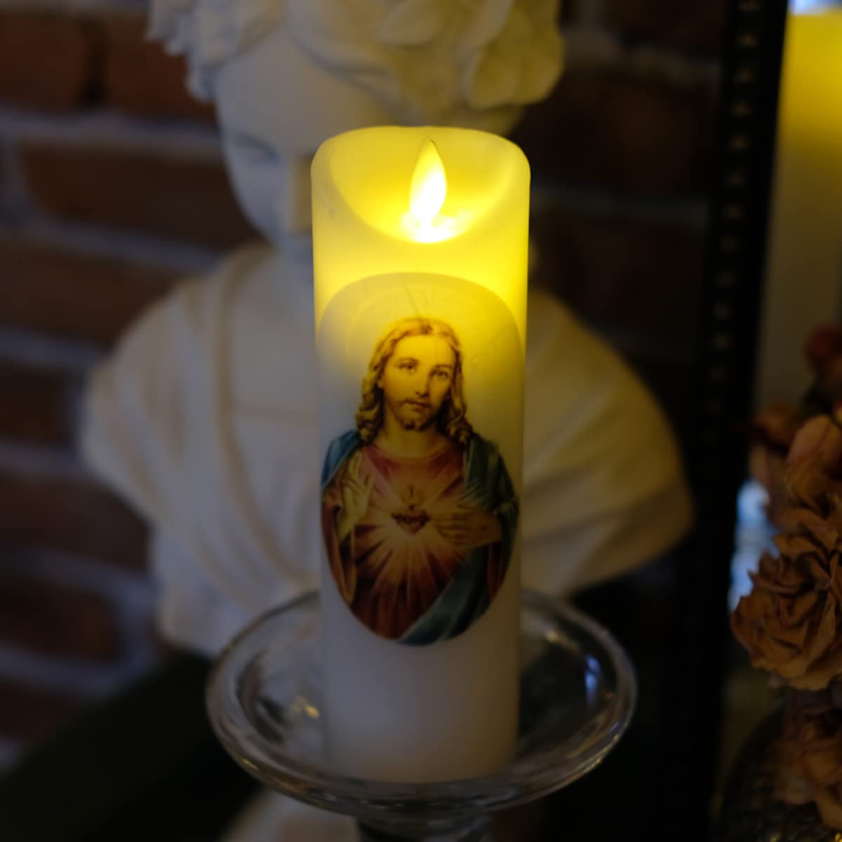 Sacred Heart Of Jesus Flameless Prayer Candle, Real Wax, Moving Wick, Jesus Devotion Flicker Bright Candles, Battery Operated Wi