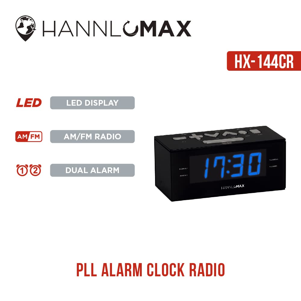 Hannlomax Hx 144Cr Alarm Clock Radio, Pll Am/Fm Radio, 1.2'' Led Display, Digital Clock With Dual Alarm, Ac Operation Only. (Bla