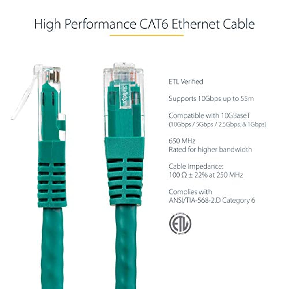 Startech.Com 6Ft Cat6 Ethernet Cable   Green Cat 6 Gigabit Ethernet Wire  650Mhz 100W Poe++ Rj45 Utp Molded Category 6 Network/P