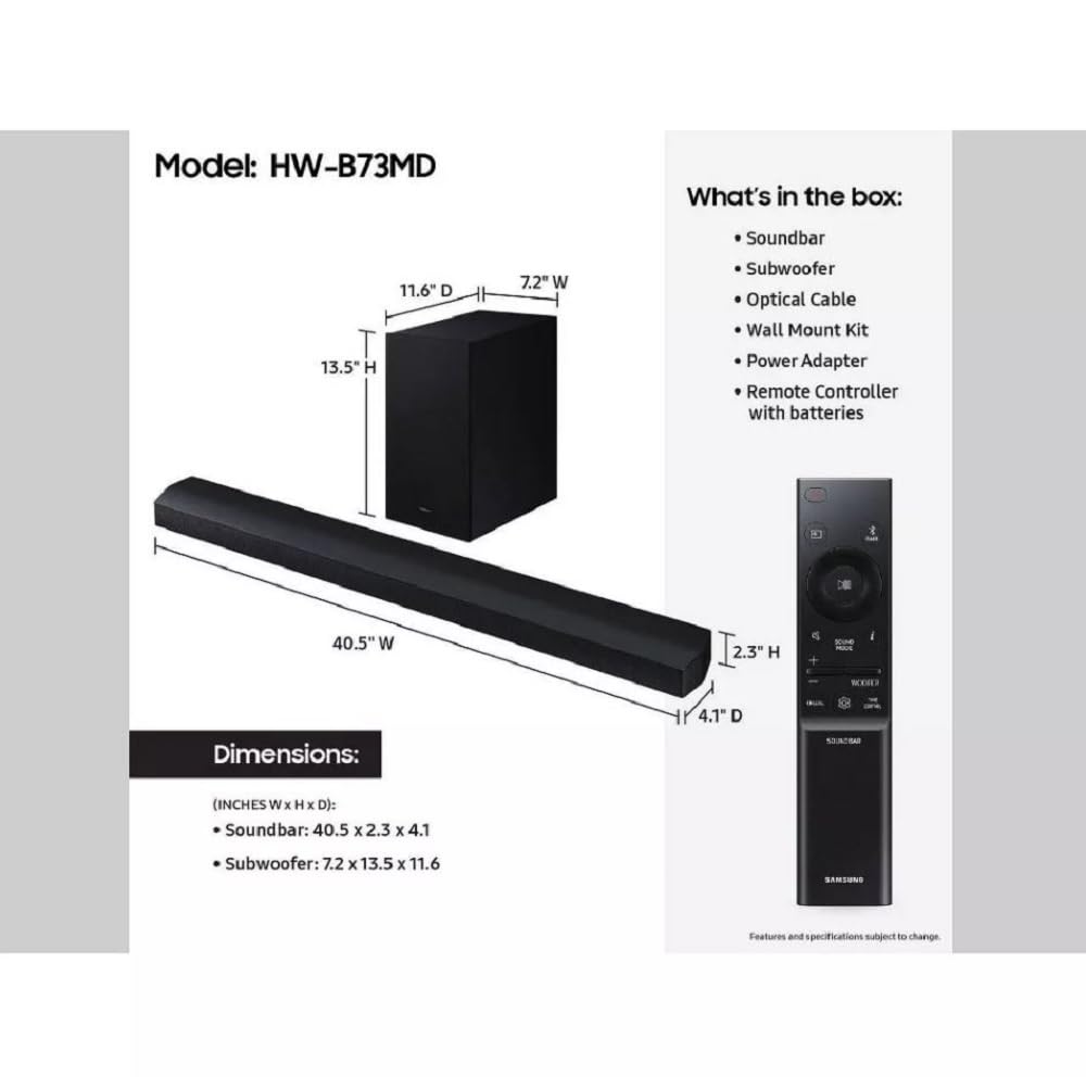 Samsung 5.1Ch. Dts Virtual:X Soundbar With Bass Boost And Wireless Sub Hw-B73Md/Za - Black