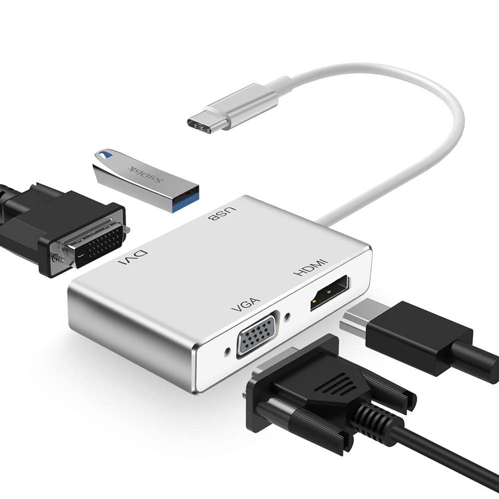 Weton Usb C To Hdmi Dvi Vga Adapter, 4 In 1 Usb C Hub To 4K Hdmi, Vga, Dvi Video Adapter, Male To Female Multi Display Video Con