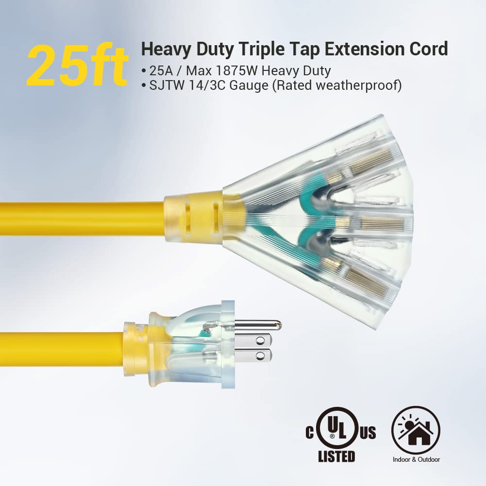 Dewenwils 25 Ft 14/3 Gauge Extension Cord Outdoor Tri Tap Extension Cord Splitter, Heavy Duty Power Cable Sjtw 15 Amp For Multip