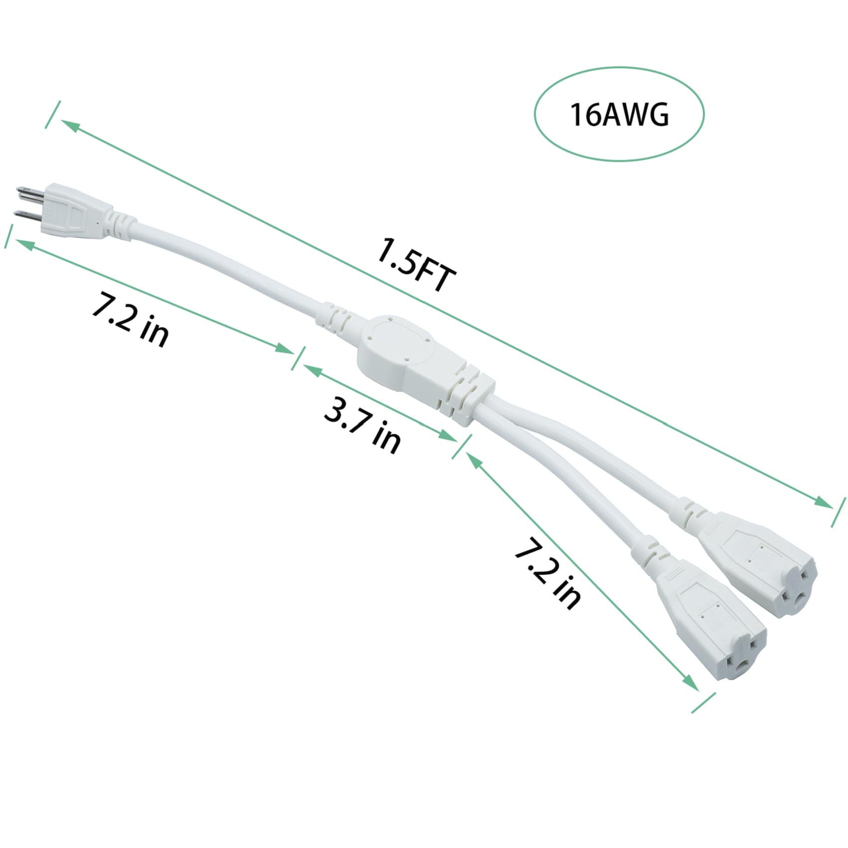 3 Prong Extension Cord Splitter, Indoor Outdoor 1.5 Ft Power Cord Splitter 1 To 2, Sjt 16Awg Dual Extension Cord Outlet Splitter