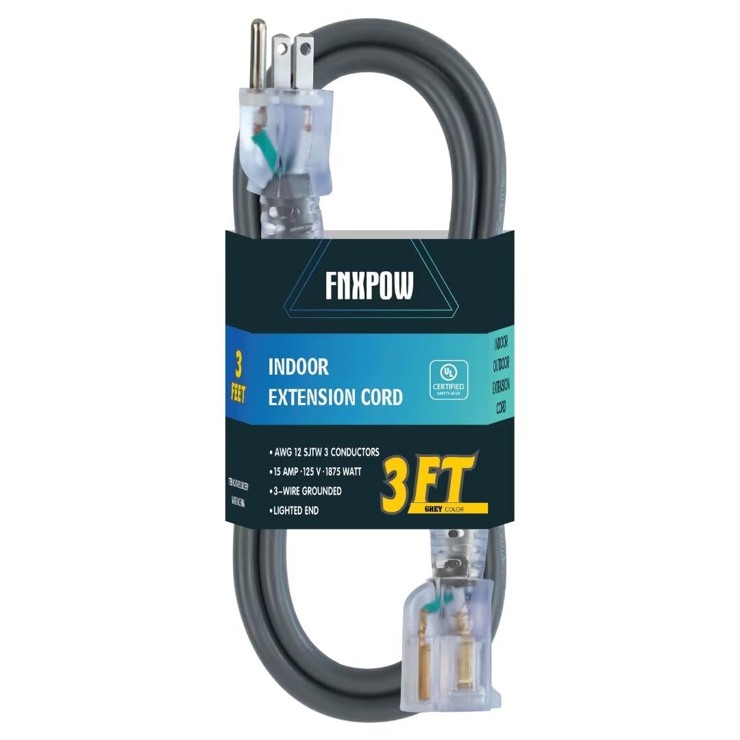 Fnxpow Indoor Extension Cord, 12 Gauge 3 Prong Weatherproof Heavy Duty Gray Extension Cord With Lighted Indicator End, Sjtw 15A