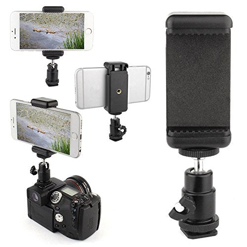 360 Ball Head Hot Shoe Adapter Mount + Cell Phone Holder Clip For Dslr Camera
