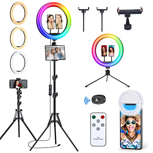 ???????????? 13'' Selfie Ring Light With 63'' Stand And 3 Phone Holder, 53 Lighting Modes, Ipad Holder, Remote, Desk Tripod, Rgb
