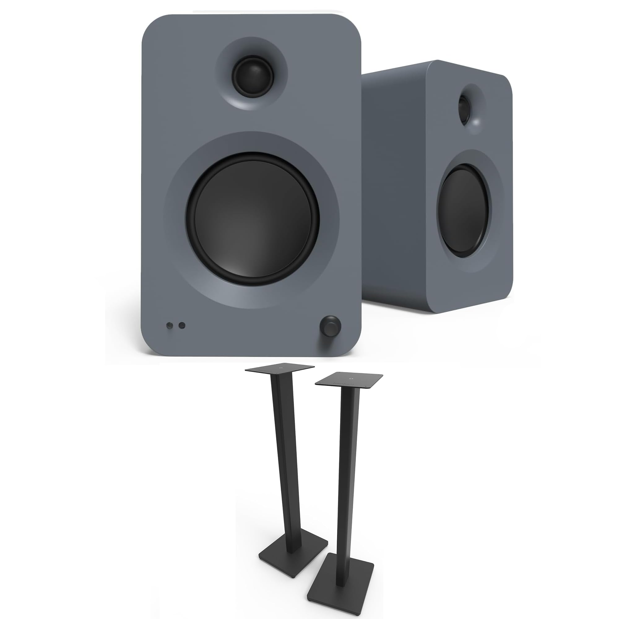 Kanto REN Grey Bluetooth Powered Bookshelf Speakers - Matte Grey Pair ST34 34 Floor Speaker Pair of Stands with Black MDF Base (