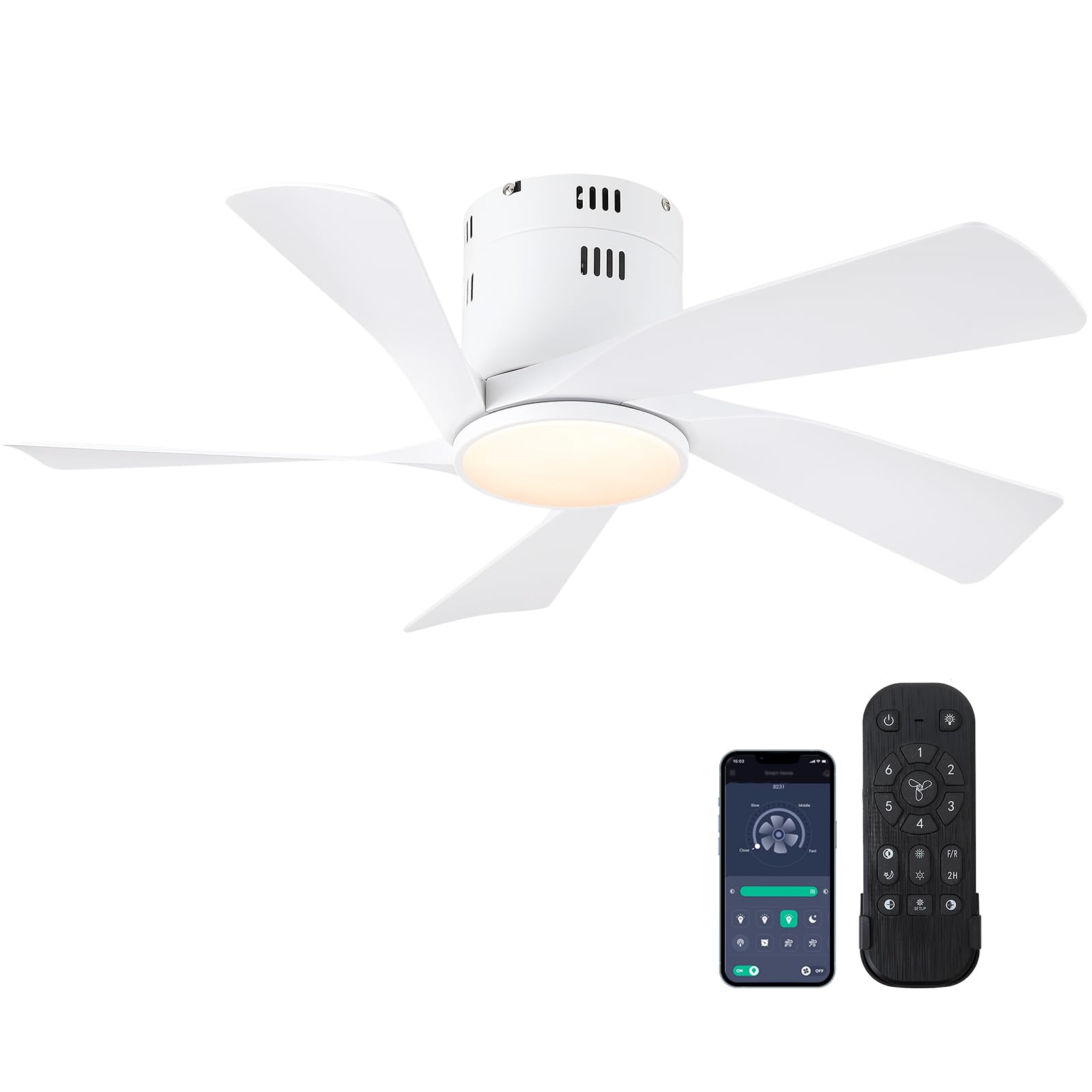 Chesur 36'' Flush Mount Ceiling Fan   White Low Profile Ceiling Fans With Lights And Remote/App, 6 Speeds And Reversible 5 Fan B