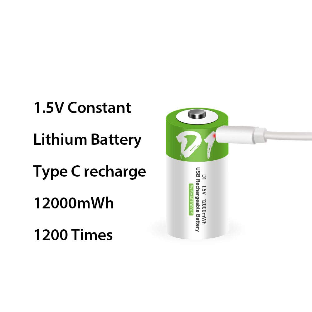 Rechargeable D Batteries 1.5V 12000Mwh Usb Lithium Ion Rechargeable D Battery With Usb Type C Charging Cable, High Capacity Fast