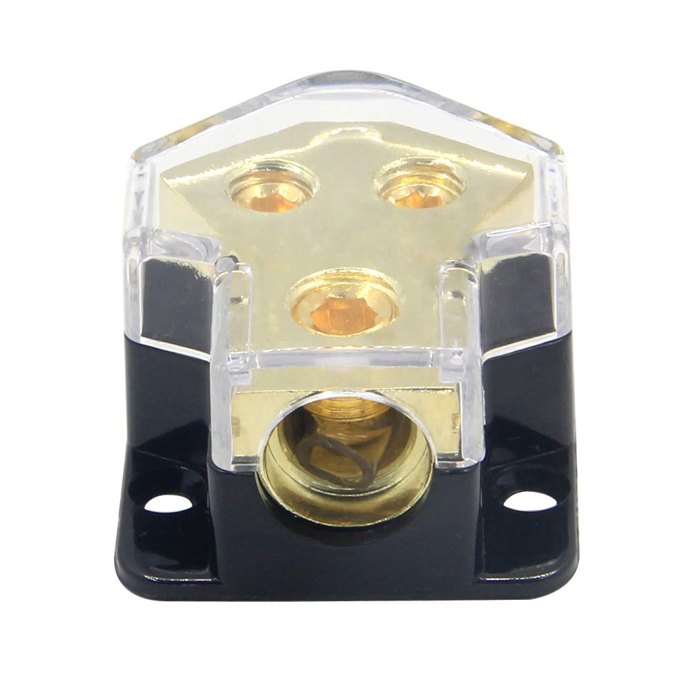 Rkurck 2 Way Power Distribution Block, 0/2/4 Awg Gauge In, 4/8/10 Gauge Out, Car Audio Stereo Amp Distribution Connecting Block