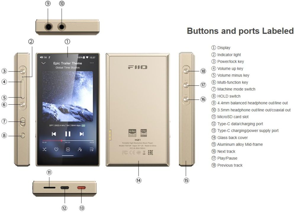 Fiio M21 Android 13 Portable Music Player Mp3 Snapdragon 680 4* Cs43198 Dac Chips Hi-Res Audio Dsd Bluetooth Ldac (Titanium Gold