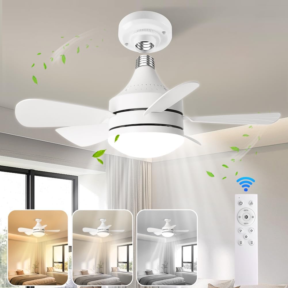 Aomohk Socket Fan Light With Remote, 18'' Small Light Socket Ceiling Fan For E26 Base, 3Cct Dimmable Mini Screw In Ceiling Fan I