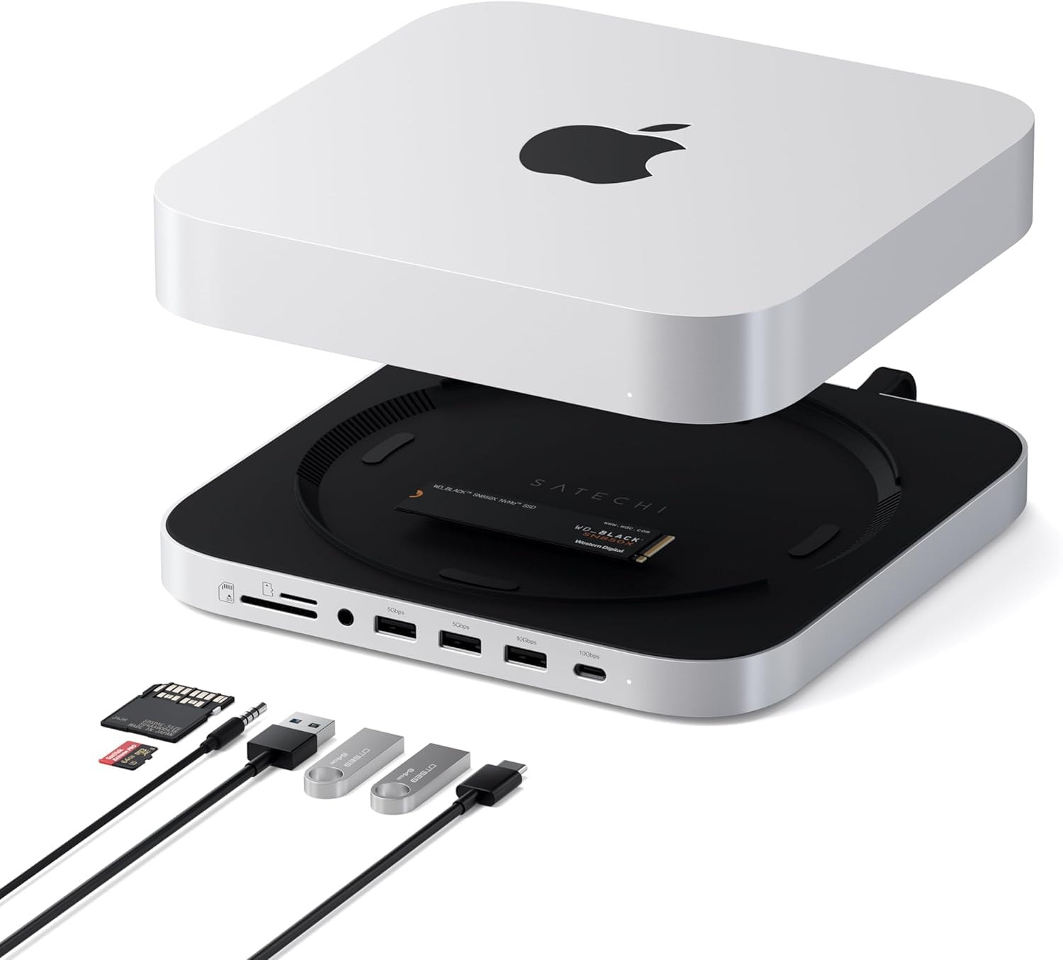 Satechi Mac Mini Hub & Stand With Ssd Enclosure For Nvme/Sata M.2, Mac Mini Dock With Usb C 10Gbps, 3 Usb A 5/10Gbps, 2.0 Audio Jack, For Mac Studio, Mac Mini M2/M1 (Not Compatible With M4)   Silver