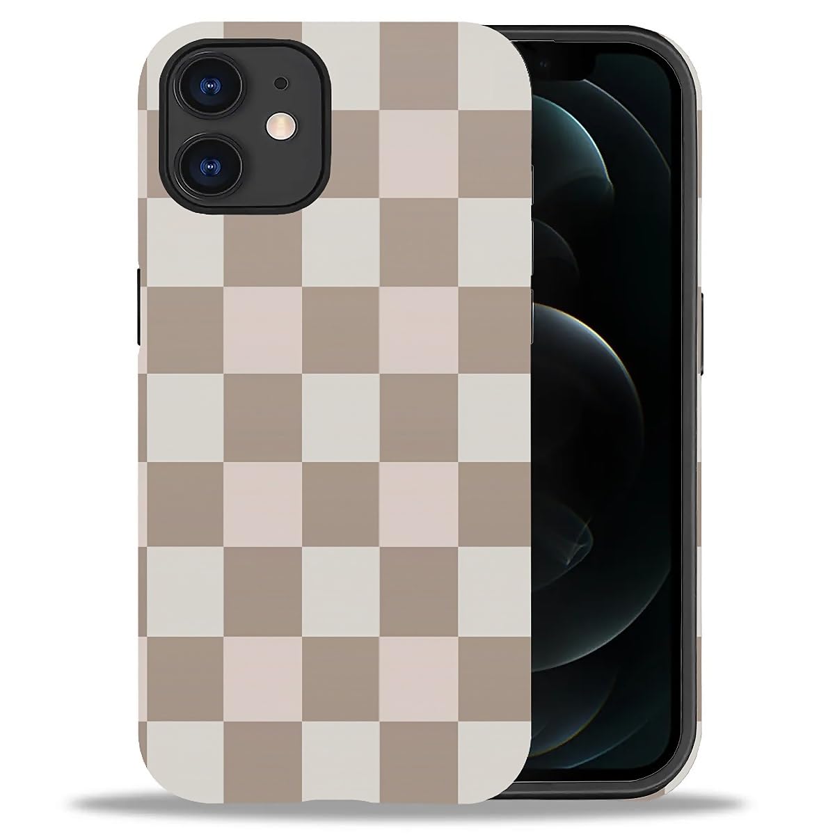 WANKBLC Compatible with iPhone 12 12 Pro Matte Case, Brown Pink Check Plaid Pattern for Girl Full Body Design Soft Silicone Drop