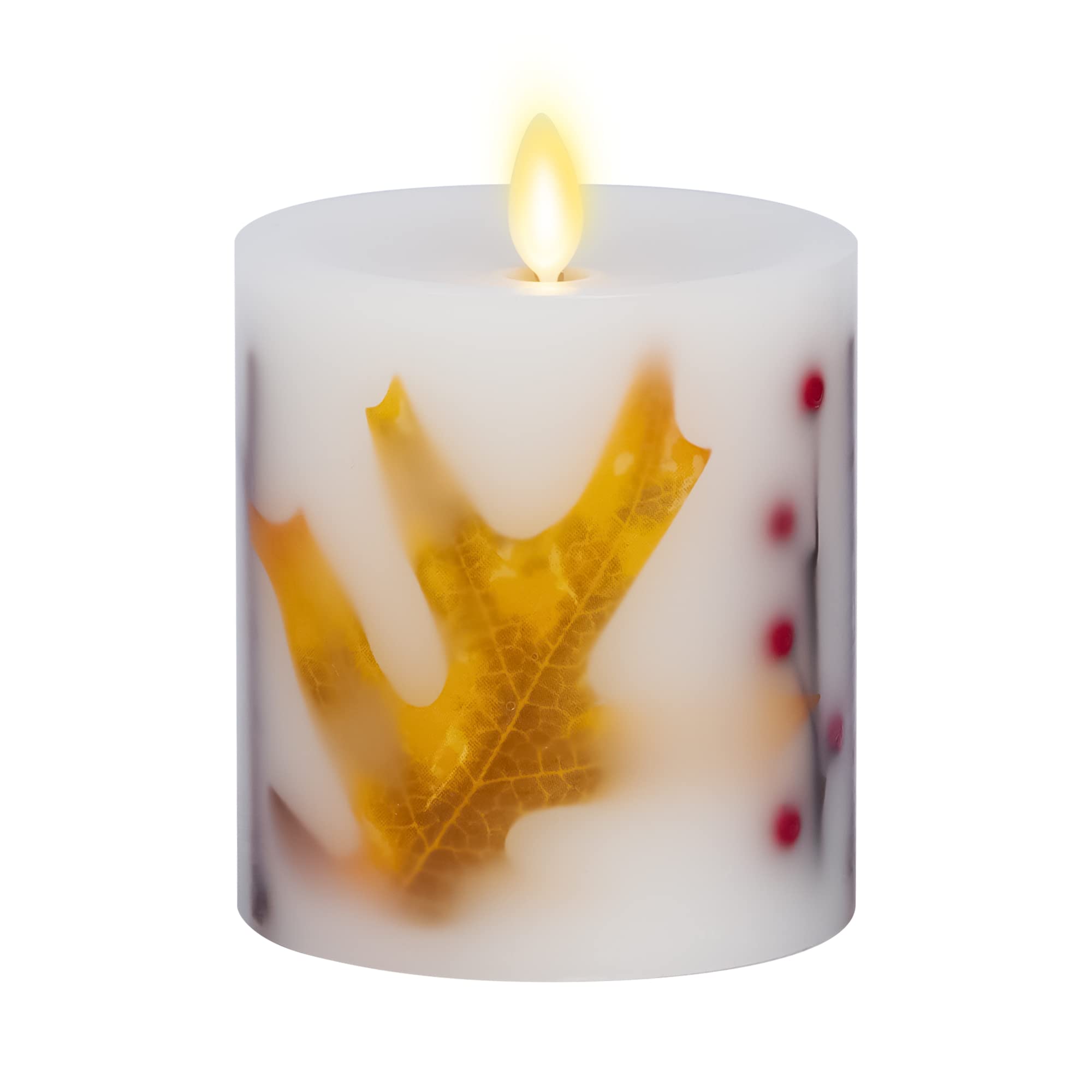 Luminara Embedded Flameless LED Candle - Orange Leaf 3.5 x 4.5 - Moving Flame Pillar, Battery Operated Timer, Real Wax, Unscente